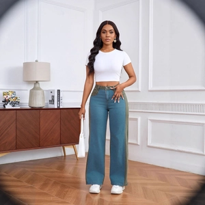 Jean À Taille Haute Pour Femmes Avec Patchwork De Couleurs Jambe Large Denim Extensible Pantalon Droit Streetwear