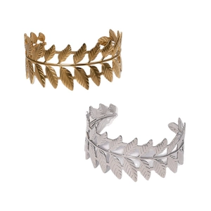 Minimalist 18k gold and silver leaf pattern stainless steel open cuff bangle for women