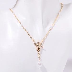 Detail of cupid angel pendant on pearl necklace with golden bow and chain design
