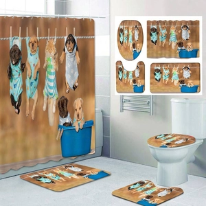 Detailed close-up of 4-piece bathroom set featuring cute pet laundry theme design