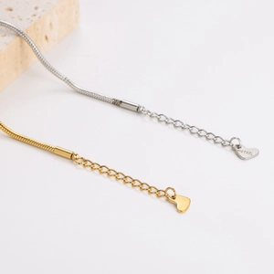 Polished gold and silver stainless steel snake chain bracelets with heart pendants