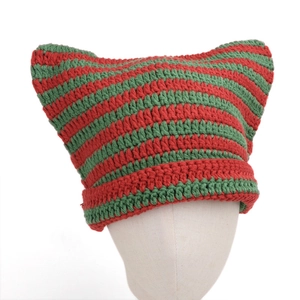 Striped knit cat ear beanie in red and green crochet design for winter fashion