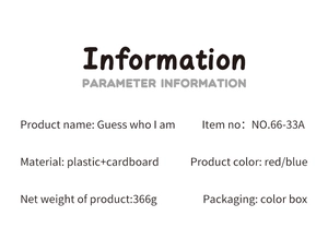 Detailed specifications of Guess Who I Am tabletop game showing materials and weight
