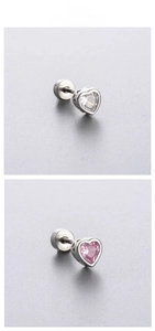 Detail view of heart-shaped zircon earrings with secure screw back in pink and white