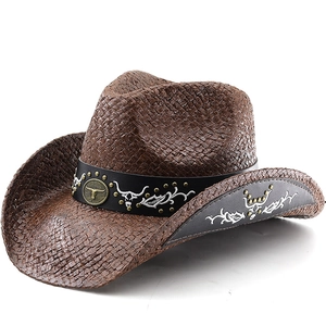 Chapeau De Cowboy Western Paille Tissée Large Bord Avec Bande En Similicuir Boucle Tête De Taureau Broderie Rivets Rétro