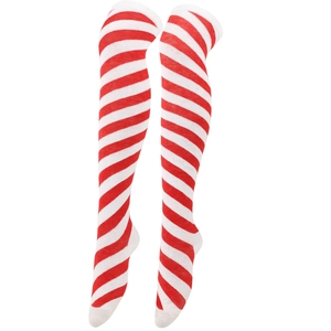 Detail of red and white striped over-knee socks featuring reinforced toes and knit texture