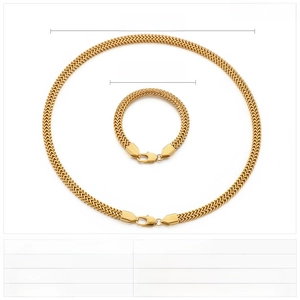 Macro view of gold stainless steel franco chain necklace and bracelet jewelry set