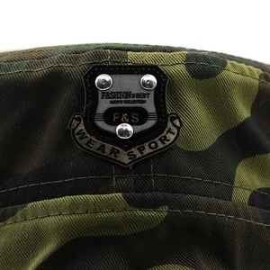 Jungle camouflage military flat top hat featuring a black metal rivet fashion logo plate
