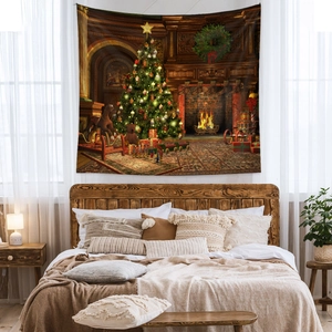Detailed Christmas scene tapestry hanging above a wooden bed as bedroom background decor