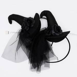 Halloween Witch Hat Headband Black Felt Rose Lace Mesh Veil Gothic Costume Party Hair Accessory Women