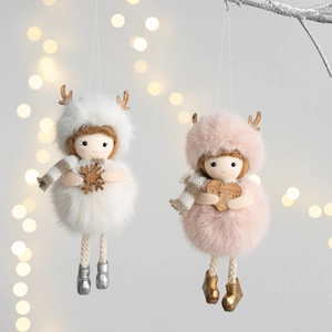 Detailed view of plush angel girl Christmas tree ornaments with soft faux fur and knit scarf