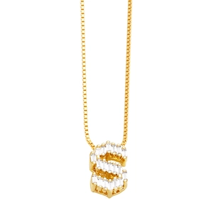 Close-up of golden letter S pendant with baguette-cut zircon stones on a box chain