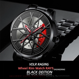 Detailed view of the automotive wheel rim dial with red brake caliper and metal spokes