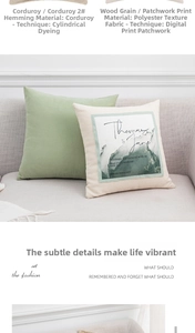 Detail of green corduroy and white mountain print embroidered throw pillow cases on a sofa