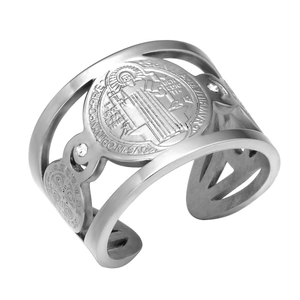 Saint Benedict stainless steel open ring with hollow layers and zirconia accents