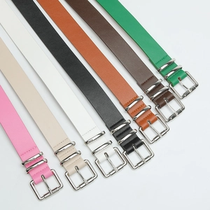 Seven colorful women's skinny belts with silver square buckles arranged in a neat row