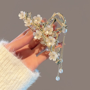 Elegant gold flower shark hair claw clip with pearl tassels and shimmering rhinestones