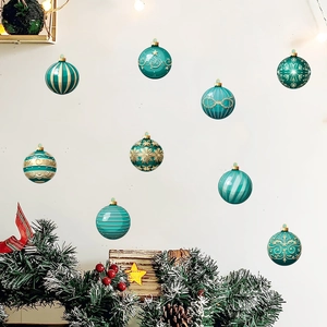 Christmas window stickers set with green and teal ball ornaments and snowflake patterns