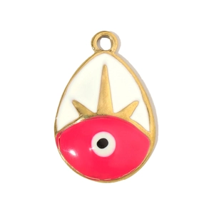 Macro view of teardrop evil eye charm in pink enamel with golden sunburst frame