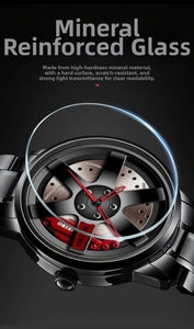Detail of quartz watch with 3D car wheel rim dial and mineral reinforced glass