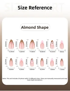 Size chart showing 24 pieces of almond-shaped leopard print press-on nails in 12 sizes