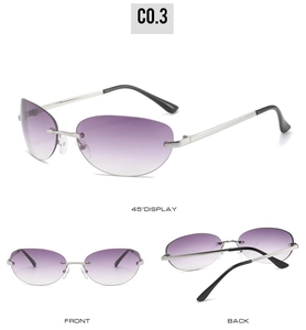 Detail view of cat eye rimless sunglasses featuring purple gradient lenses and silver frames