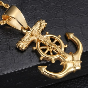 Titanium steel gold cross and anchor pendant necklace for men on black leather