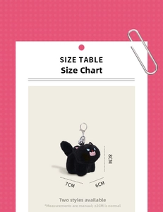 Detailed size guide for black fluffy cat plush keychain showing height width and length info