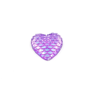 Macro shot of 16mm heart-shaped purple fish scale resin stone with AB colorful shine