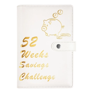 White faux leather 52 weeks savings challenge binder with gold foil stamping and binder clips