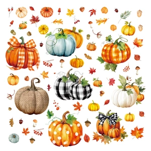 Autumn harvest pumpkin static window clings with maple leaves and buffalo plaid patterns