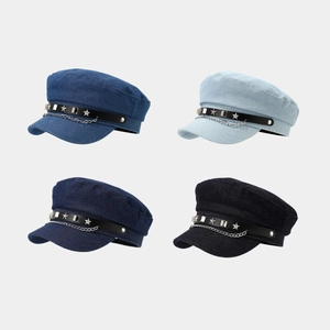 Vintage Denim Cadet Hat For Women Punk Style With Metal Chain And Star Rivets Flat Top Military Cap Streetwear Accessory