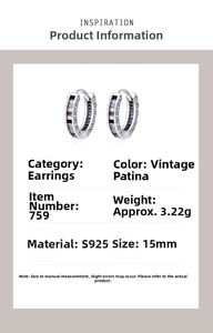 Macro detail of S925 sterling silver hoop earrings with 15mm diameter and colorful zircon