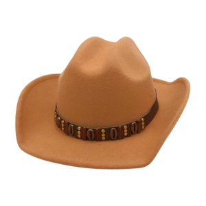Classic light brown western cowboy hat with ethnic beaded leather band on white background