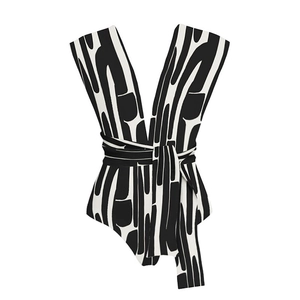 Chic black and white striped one-piece swimsuit with a deep V-neck and tie-waist detail