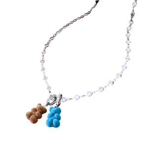 Collier mignon pendentif ours en peluche avec chaîne cœur argentée bleu et marron