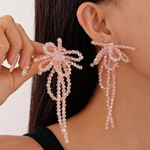 Bowknot Tassel Beaded Drop Earrings Glass Crystal Sweet Elegant Fresh Style Jewelry With Silver Earring Post For Women