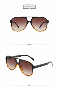Front and side views of vintage aviator sunglasses with black leopard tea gradient lenses