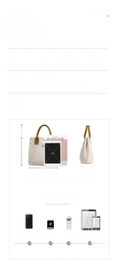 Canvas handbag detail view, showing internal structure, size measurements and capacity.