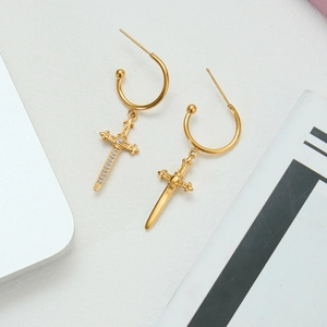18k gold plated stainless steel sword cross hoop earrings with inlaid crystal accents