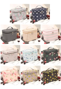 Collage of portable makeup bags showing various patterns like flamingos and lemons