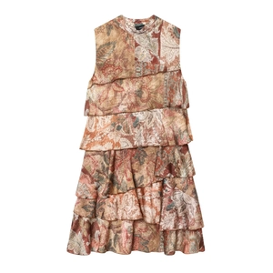 Robe Courte Sans Manches Imprimé Paisley Mousseline Polyester Étagée Style Gâteau Col Montant Rétro Boho Femme
