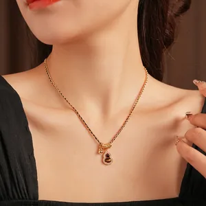 Vintage Gourd Pendant Necklace For Women Tiger Eye Stone Gold Plated Copper With Zircon Elegant Wu Lou Jewelry Gift