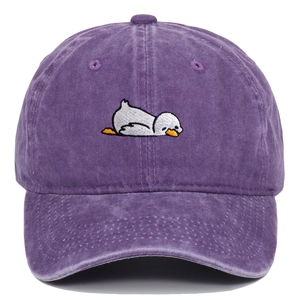 Vintage purple washed cotton baseball cap with cute cartoon duck embroidery and wide brim