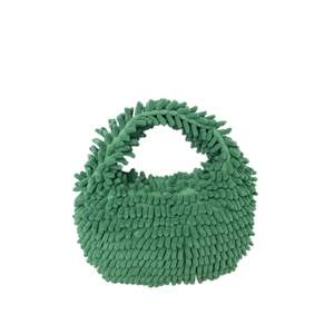 Detail of green chenille plush handbag featuring soft marshmallow texture and top handle