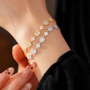 Luxurious gold and silver plated square flower bracelets with micro-paved zircons for women