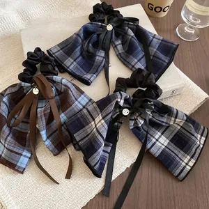 Large Plaid Bow Hair Tie Cloth Scrunchie With Long Streamers And Metal Pendant Vintage Elegant Hair Accessories For Women