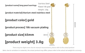 Detailed view of long pearl tassel earrings in 18K gold plated stainless steel