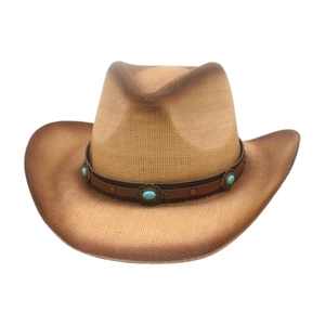 Ethnic straw cowboy hat with turquoise leather band and vintage metal studs