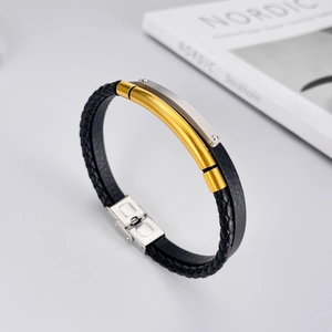 Bracelet minimaliste pour hommes en cuir tressé noir avec détails en métal or et argent